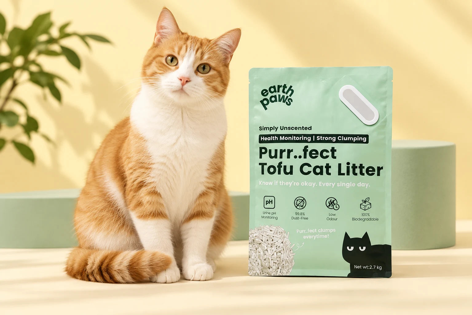 A ginger-and-white cat beside EarthPaws Purr..fect tofu cat litter