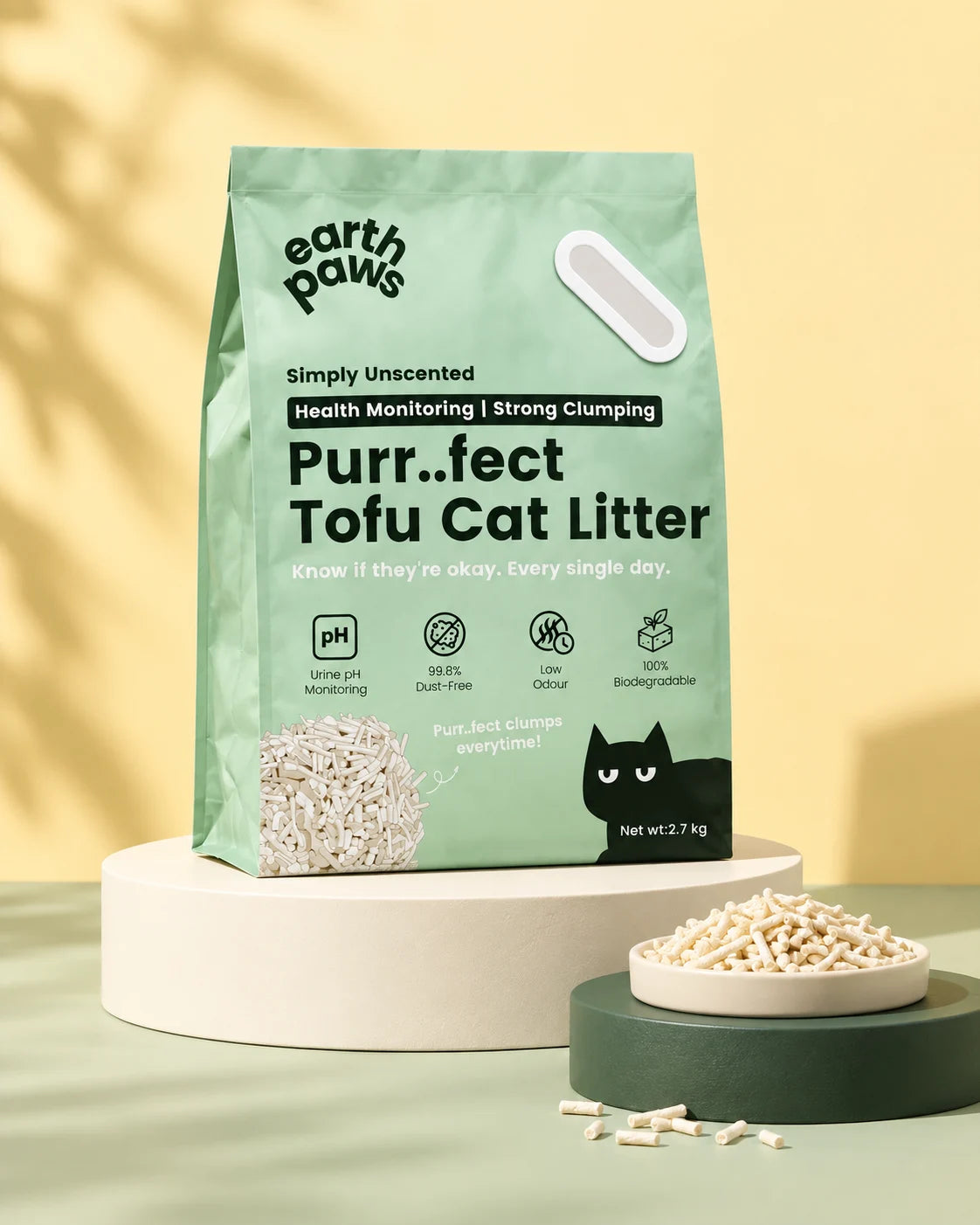 Purr..fect Tofu Cat Litter with a tray of plant-based pellets